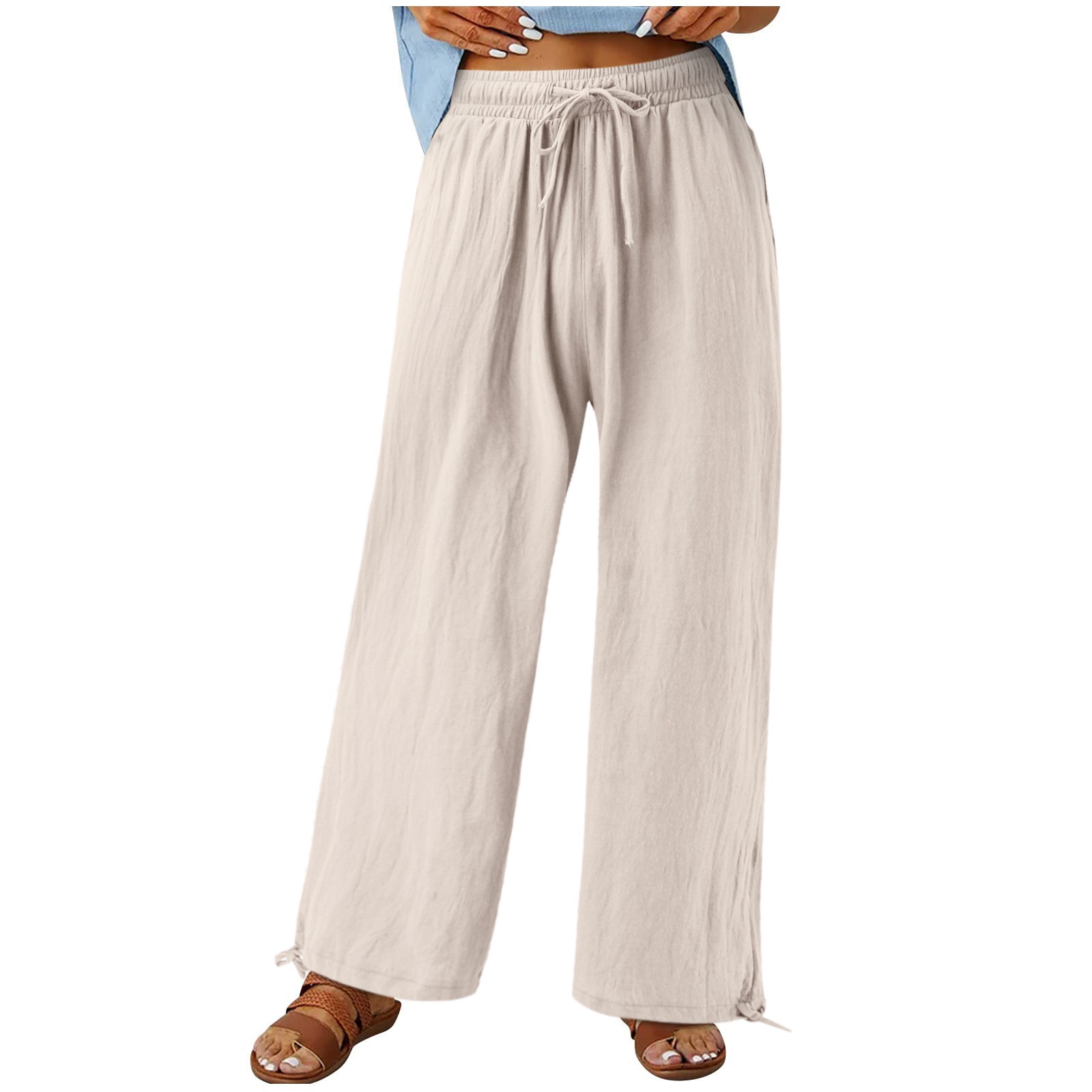 thumbnail image 2 of Pantalones holgados de algodón para mujer: pantalones de cintura alta con cordón, 90 % algodón/10 % poliéster, trabajo/ocio, todas las estaciones, 2 of 8
